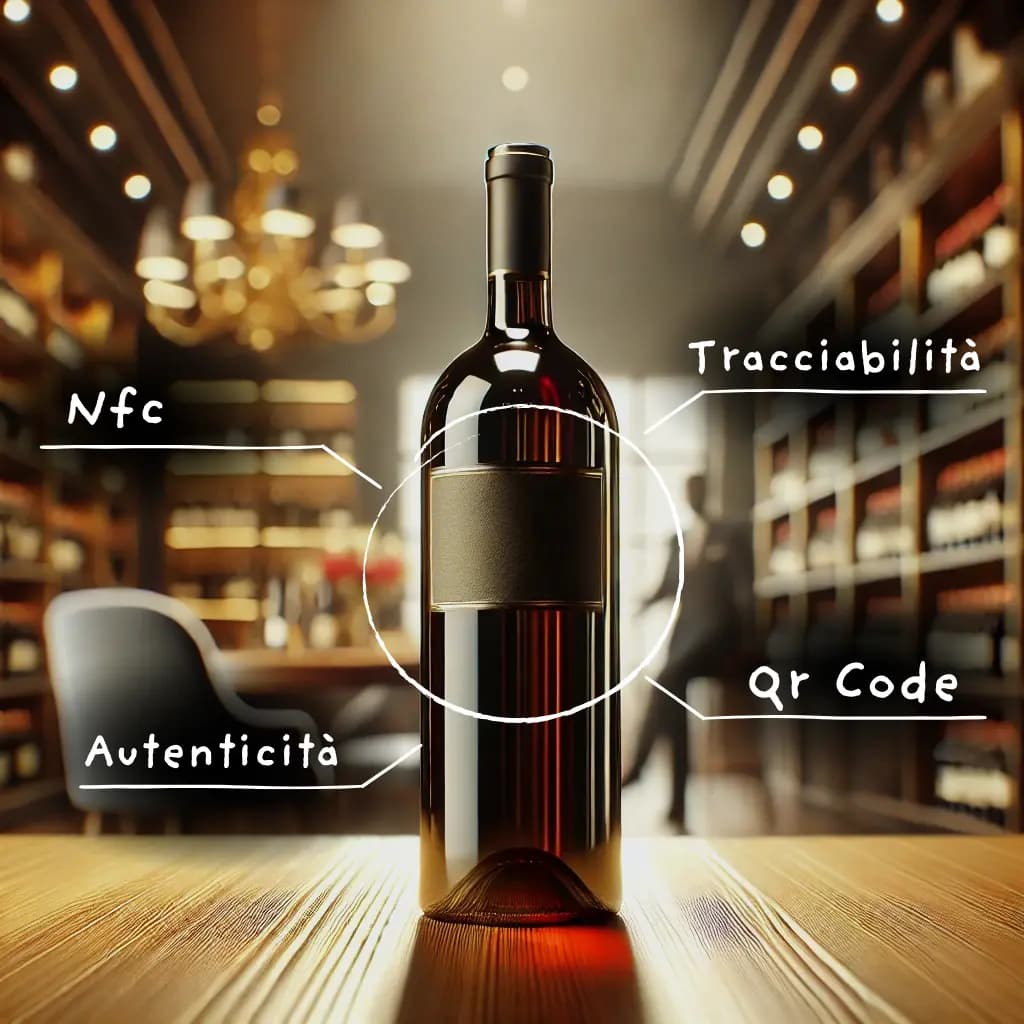 Bottiglia di vino con associati i valori aggiunti introdotti dall'utilizzo del software certiwine