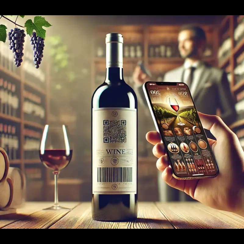 Utente che scansiona con il proprio smartphone il qrcode sull'etichetta di una bottiglia e visualizza le informazioni sull'autenticità e tracciabilità